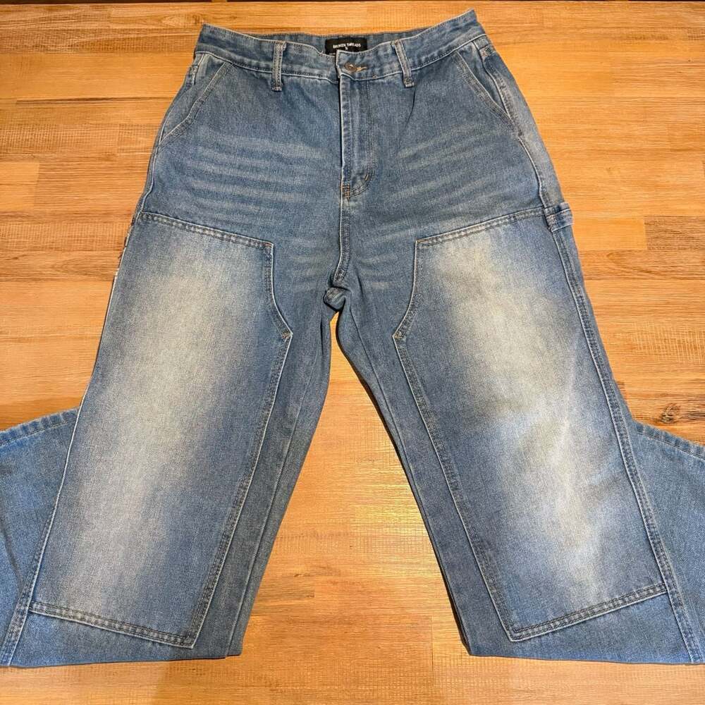 Broken Threads Baggy Double Knee Jeans Size 30 Blue Denim Workwear